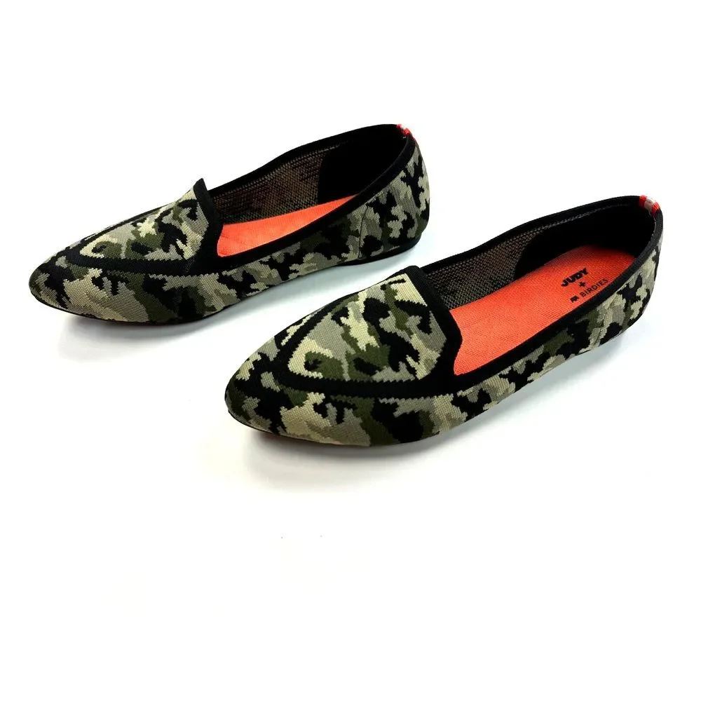 BIRDIES x JUDY Blackbird Camo Flats Women 9 EUC‎ Green Knit Pointed Toe Washable